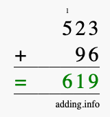Calculate 523 + 96 using long addition