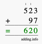 Calculate 523 + 97 using long addition