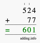 Calculate 524 + 77 using long addition