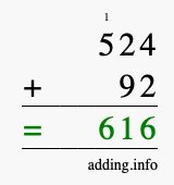 Calculate 524 + 92 using long addition