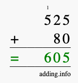 Calculate 525 + 80 using long addition