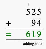 Calculate 525 + 94 using long addition