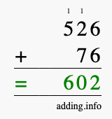 Calculate 526 + 76 using long addition
