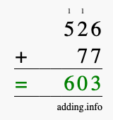 Calculate 526 + 77 using long addition