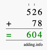 Calculate 526 + 78 using long addition