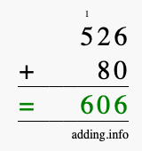 Calculate 526 + 80 using long addition
