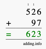 Calculate 526 + 97 using long addition