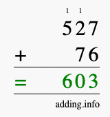 Calculate 527 + 76 using long addition