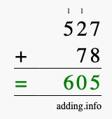 Calculate 527 + 78 using long addition