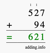 Calculate 527 + 94 using long addition