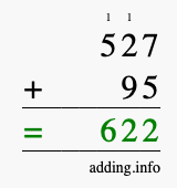 Calculate 527 + 95 using long addition