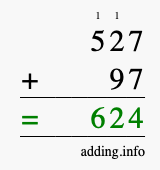 Calculate 527 + 97 using long addition
