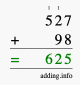 Calculate 527 + 98 using long addition