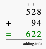 Calculate 528 + 94 using long addition