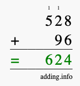 Calculate 528 + 96 using long addition