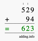Calculate 529 + 94 using long addition