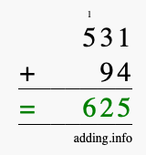 Calculate 531 + 94 using long addition