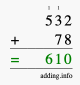 Calculate 532 + 78 using long addition