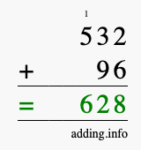 Calculate 532 + 96 using long addition