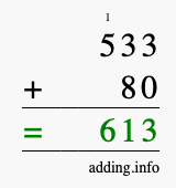 Calculate 533 + 80 using long addition