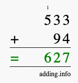 Calculate 533 + 94 using long addition