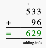 Calculate 533 + 96 using long addition