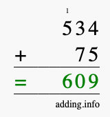 Calculate 534 + 75 using long addition
