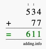 Calculate 534 + 77 using long addition