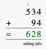 Calculate 534 + 94 using long addition