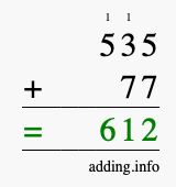 Calculate 535 + 77 using long addition