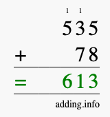 Calculate 535 + 78 using long addition