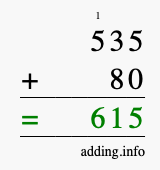 Calculate 535 + 80 using long addition