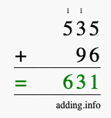 Calculate 535 + 96 using long addition