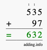 Calculate 535 + 97 using long addition
