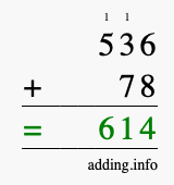 Calculate 536 + 78 using long addition