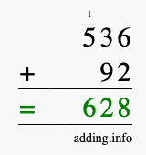 Calculate 536 + 92 using long addition