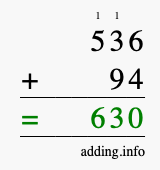 Calculate 536 + 94 using long addition