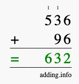 Calculate 536 + 96 using long addition