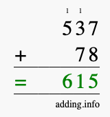 Calculate 537 + 78 using long addition