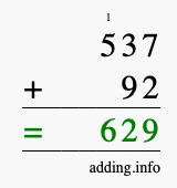 Calculate 537 + 92 using long addition