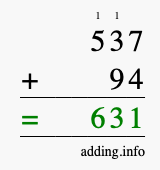 Calculate 537 + 94 using long addition