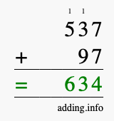 Calculate 537 + 97 using long addition