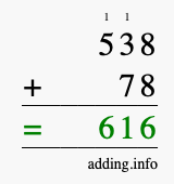 Calculate 538 + 78 using long addition
