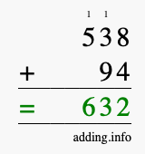 Calculate 538 + 94 using long addition