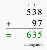 Calculate 538 + 97 using long addition