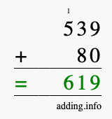 Calculate 539 + 80 using long addition