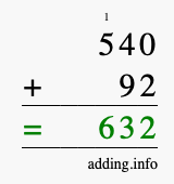 Calculate 540 + 92 using long addition