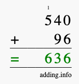 Calculate 540 + 96 using long addition
