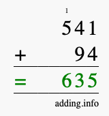 Calculate 541 + 94 using long addition