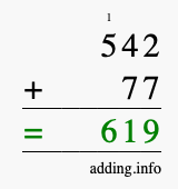 Calculate 542 + 77 using long addition